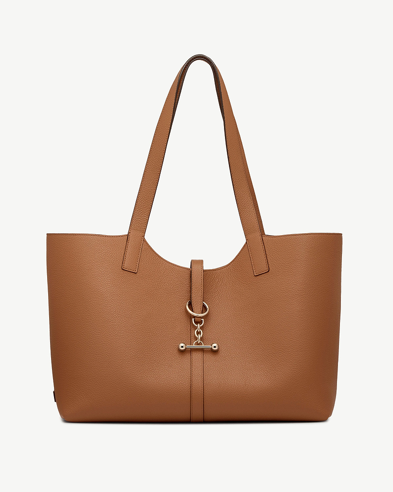 Tan leather Kite tote with long straps and gold toggle hardware