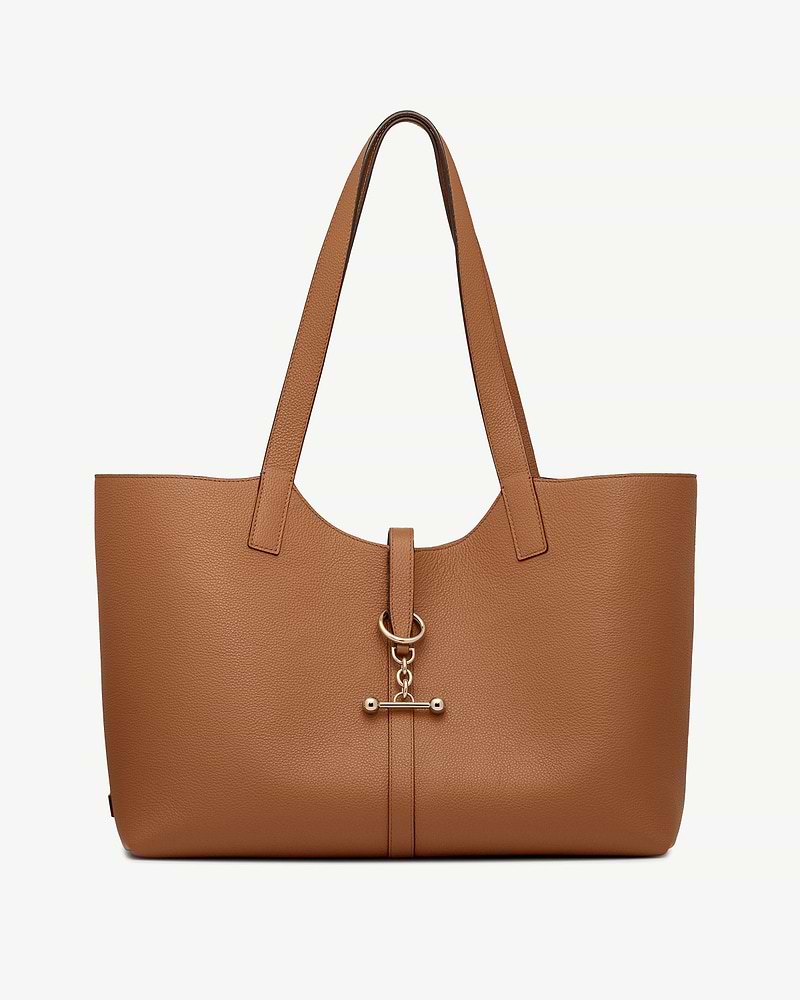 Tan leather Kite tote with long straps and gold toggle hardware