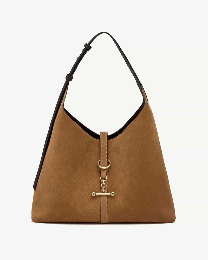 Toffee suede hobo bag with espresso leather strap and gold ring hardware.