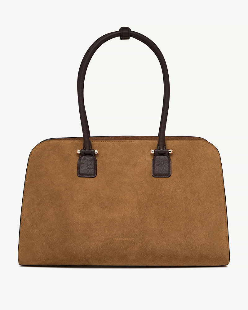 Toffee suede tote with espresso leather handles and gold-toned hardware