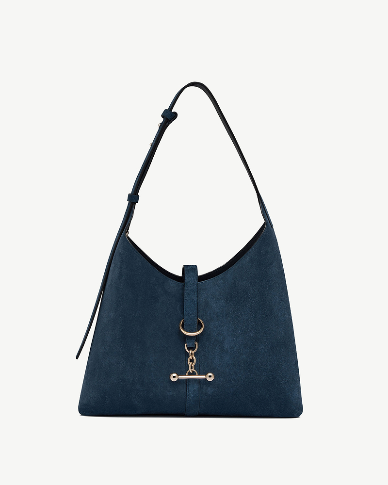Kite hobo bag in loch blue suede with gold-tone ring and chain detail.