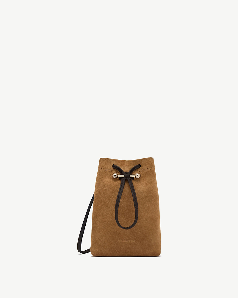 Strathberry Osette midi suede pouch in toffee with espresso drawstring strap