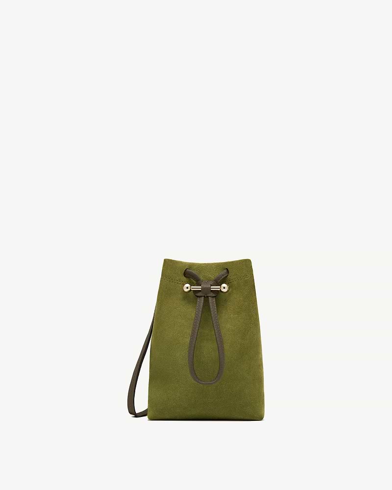 Strathberry Osette midi pouch in lime suede with khaki drawstring and gold hardware.