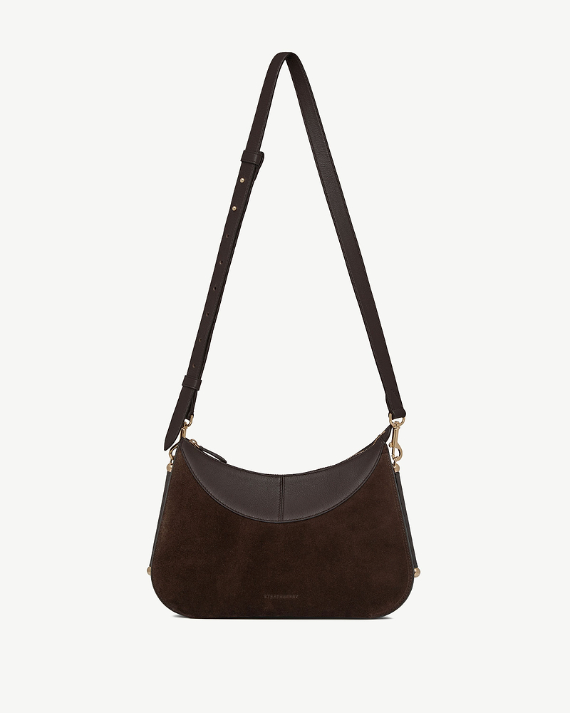 Strathberry Nest Shoulder bag in espresso suede with adjustable leather strap.