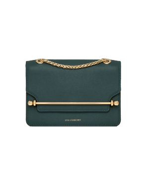 Bottle green Strathberry East-West Mini bag with gold chain and bar detail.