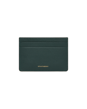 Bottle green cardholder with three card slots and gold Strathberry logo.