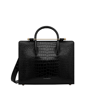 Black croc Strathberry midi tote with top handles, shoulder strap and gold hardware.