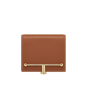 Chestnut square front-flap wallet with vanilla stitching and gold T-bar clasp.