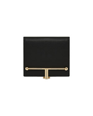 Black leather wallet with gold T-bar clasp and compact square silhouette.