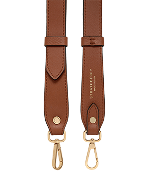 Strathberry chestnut adjustable leather strap with two gold clasps and stitched edges