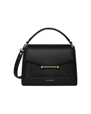 Strathberry black mosaic bag with top handle, detachable strap and gold bar detail.