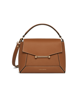Strathberry tan leather mosaic bag with vanilla contrast stitching, gold hardware, handle and shoulder strap