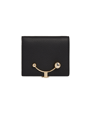 Black pebbled leather crescent wallet with gold crescent-shaped clasp on front.