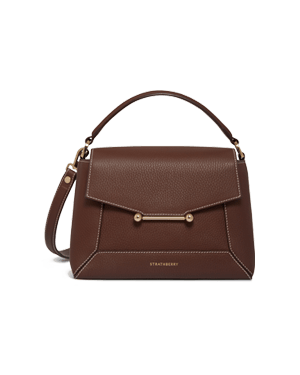 Strathberry chocolate leather mosaic bag with vanilla stitching, top handle and shoulder strap.