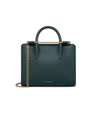Strathberry bottle green mini tote with top handles, gold bar and chain strap.