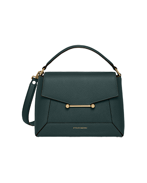 Strathberry bottle green mosaic bag with top handle, detachable strap and gold bar hardware