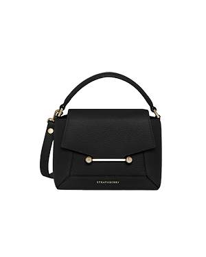 Black Strathberry Mosaic Nano bag with top handle, detachable strap, and gold bar detail.