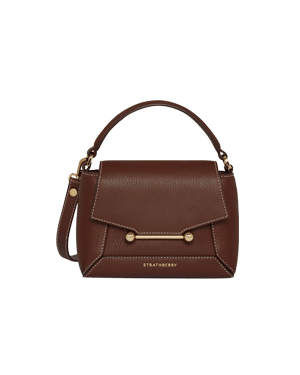 Strathberry Mosaic Nano bag in chocolate leather with vanilla stitching and gold bar fastening.