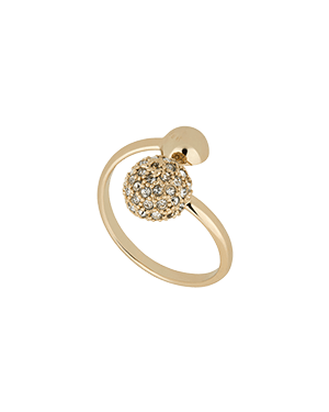 22-carat gold-gilded crescent crystal ring with pavé crystal orb and small disc