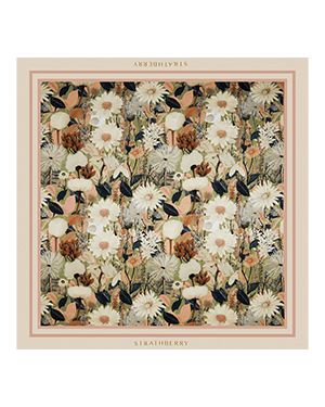 Silk square scarf with autumn floral print, green border and Strathberry logo