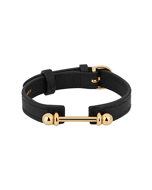 Black leather bracelet with 22-carat gold-plated music-bar detail and buckle.