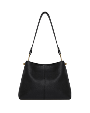 Black hobo bag with single shoulder strap, centre seam and gold hardware.