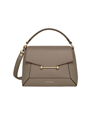 Taupe Strathberry Mosaic bag with top handle, flap, gold bar closure, shoulder strap.