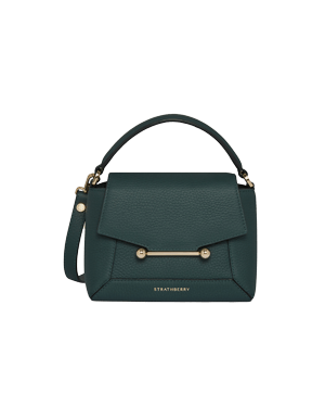 Bottle green Strathberry Mosaic Nano top-handle bag with gold bar detail.