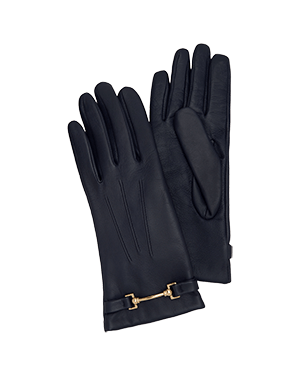 Pair of navy leather gloves with gold horsebit detail at the cuffs.