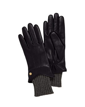 Pair of black leather gloves with ribbed knit cuffs and a gold press stud.
