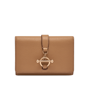 Caramel pebbled leather medium trifold wallet with gold-tone bar fastening.