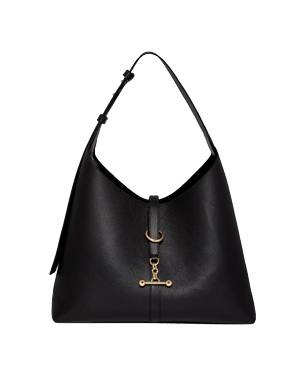 Black leather hobo bag with curved shoulder strap and gold T-bar clasp