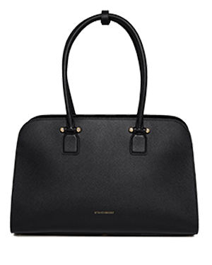 Black structured tote bag with double top handles and gold hardware.