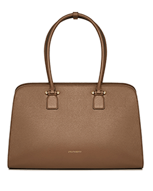 Clay leather Georgia Maxi tote bag with double handles and gold hardware.