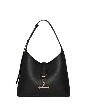 Black leather hobo bag with single shoulder strap and gold bar clasp.