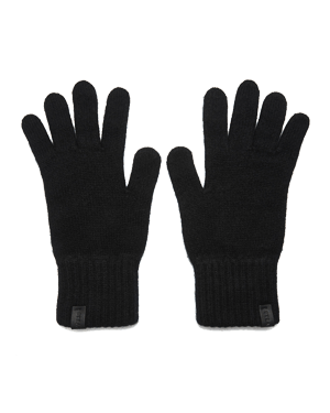 Pair of black cashmere gloves laid flat with ribbed cuffs and small labels.