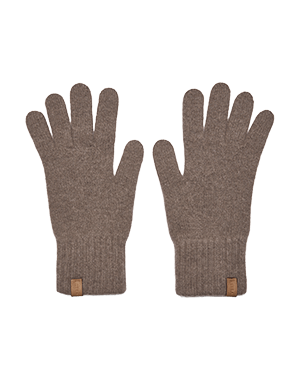 Pair of otter-coloured cashmere gloves laid flat with ribbed cuffs.
