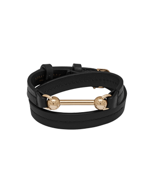 Black double-wrap leather bracelet with gold bar and round end caps.
