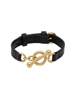 Black leather kite bracelet with gold T-bar toggle clasp and buckle.