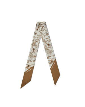 Tan and vanilla silk skinny scarf with animal wallpaper print and pointed ends.