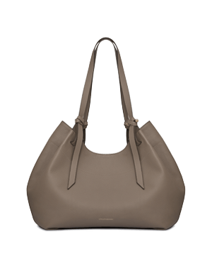 Taupe pebble-grain leather tote bag with double shoulder straps and rounded top silhouette.