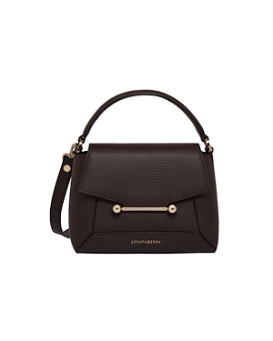 Strathberry Mosaic Nano top handle bag in espresso leather with gold bar and strap.