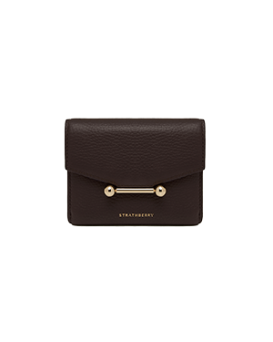 Espresso leather mosaic trifold wallet with gold bar hardware and Strathberry logo.
