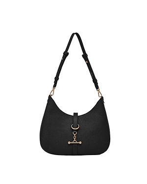 Black kite sling bag with adjustable shoulder strap and gold-tone ring charm.