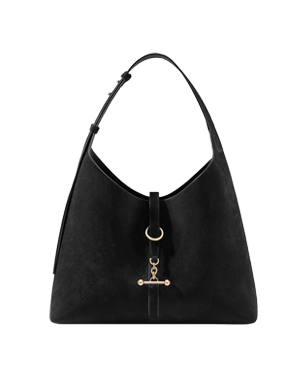 Black suede Kite Hobo Maxi with single adjustable top strap and gold bar hardware