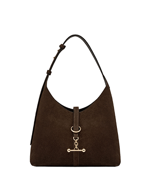 Chocolate suede kite hobo bag with single shoulder strap and gold bar clasp.