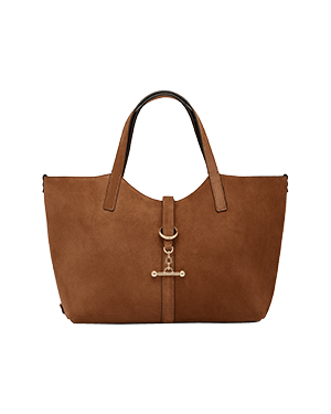 Tan suede Kite Tote Midi with top handles and centre ring strap detail.
