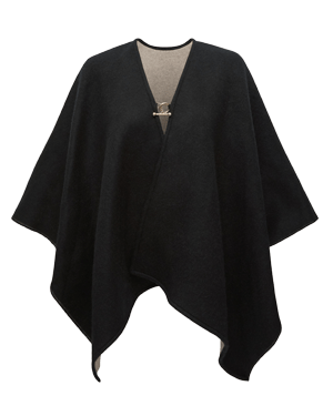 Kite woven cape in otter and black, V-neck with toggle fastening.