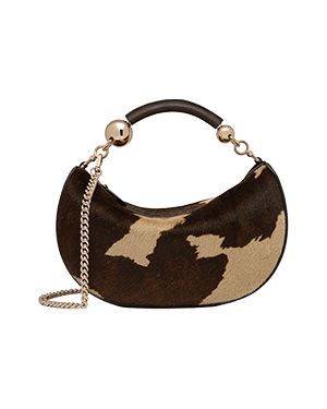 Crescent Moon Mini bag, sand and espresso spot print, leather handle and chain strap