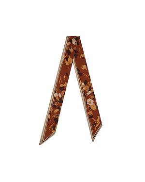 Silk skinny scarf in sand with oxblood pop flower print and tapered ends